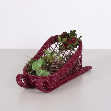 Doğal Rattan Bordo Kızak Yılbaşı Dekoru 27x15x14 cm