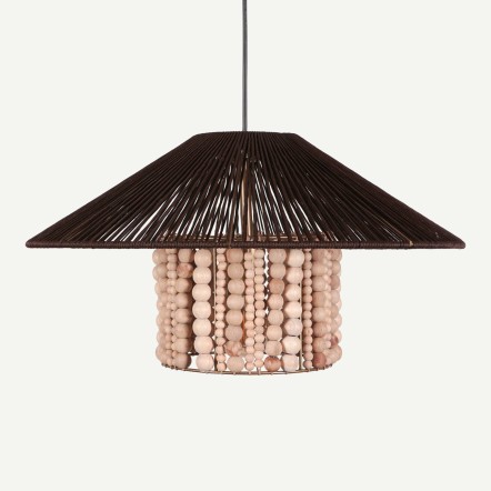 Zuri Kahve Pamuk İp & Ahşap Boncuklu El Yapımı Tasarım Sarkıt Avize 50x26 cm